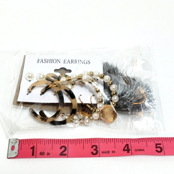 Acetate Faux Pearl Earrings 6 pair Studs Hoops and Tassel Fringe - Picture 4 of 6